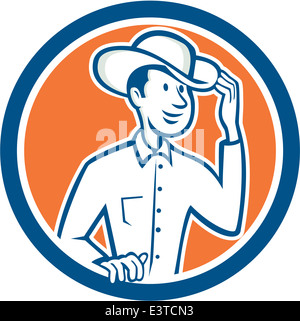 Illustration of a cowboy tipping touching hat set inside circle on isolated background done in cartoon style. Stock Photo