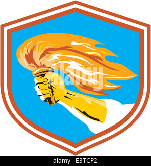 Illustration of a hand holding a burning flame flaming torch set inside shield crest done in retro style. Stock Photo