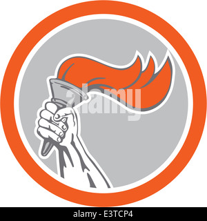 Illustration of a hand holding a burning flame flaming torch set inside circle on isolated background done in retro style. Stock Photo