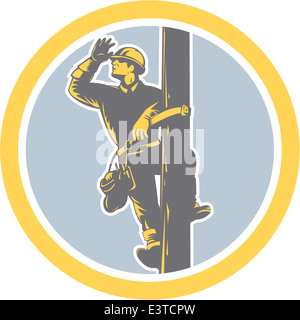 Illustration of a power lineman telephone repairman electrician worker climbing electric post looking searching saluting set inside circle on isolated background done in retro style. Stock Photo