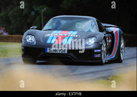 Goodwood, UK. 28th June, 2014. Porsche 918 Spyder Weissach Package with a Martini livery at Goodwood Festival of Speed 2014. Stock Photo