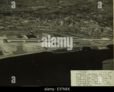 This aerial photograph shows the Consolidated/Convair Aircraft Factory near Lindbergh Field in San Diego, a key location for aircraft production during World War II. The plant produced several important military aircraft for the U.S. military. Stock Photo