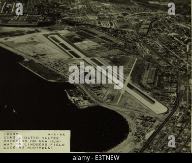This aerial photograph shows the Consolidated/Convair aircraft factory at Lindbergh Field in San Diego, highlighting its significant role in aircraft production, particularly during World War II. Stock Photo