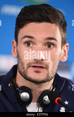 Brasilia, Brazil. 29th June, 2014. France's national soccer team goal keeper Hugo Lloris speaks during a press conference at the 'Mane Garrincha' National Stadium in Brasilia, Brazil, 29 June 2014. France faces Nigeria in a FIFA World Cup 2014 round of sixteen match on 30 June 2014. Photo: Marius Becker/dpa/Alamy Live News
