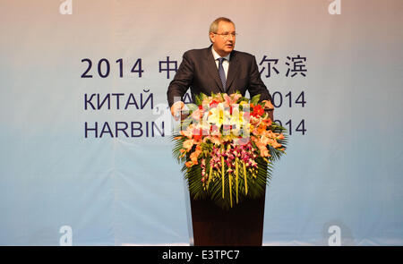 Harbin, China's Heilongjiang Province. 29th June, 2014. Russian Deputy Prime Minister Dmitry Rogozin addresses the opening ceremony of the first China-Russia Expo in Harbin, capital of northeast China's Heilongjiang Province, June 29, 2014. © Wang Jianwei/Xinhua/Alamy Live News Stock Photo