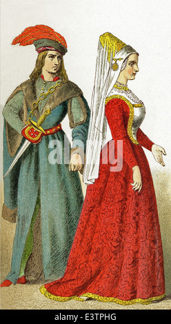 The figures represented here are two French nobles in the 1400s. The illustration dates to 1882. Stock Photo