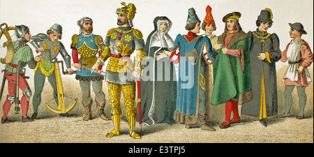 The figures date to A.D. 1400s. They represent French people: two crossbow men, two knights, widow, four men of rank, a citizen. Stock Photo