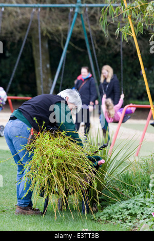 Lady filling a wheelbarrow full of bamboo near a playground Stock Photo