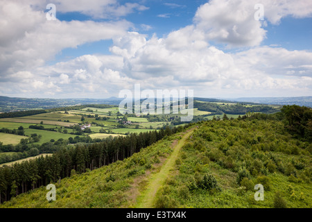 The view along Callow Hill and Wenlock Edge from Flounders' Folly, near Craven Arms, Shropshire, England, UK Stock Photo