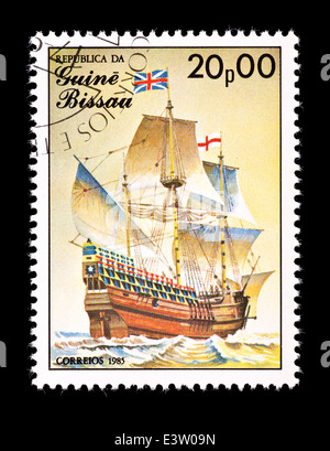 Postage stamp from Guinea-Bissau depicting the Mayflower. Stock Photo