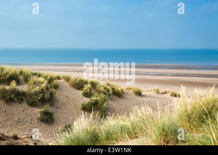 Big sunny empty beach with dunes in summer - Camber Sands, East Sussex, England Stock Photo