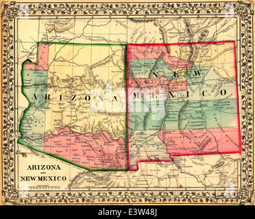 Map of Arizona and New Mexico. 1867 Stock Photo