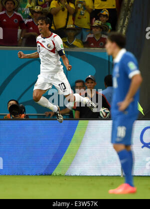 Recife, Brazil. 29th June, 2014. Costa Rica's Bryan Ruiz celebrates the goal during a Round of 16 match between Costa Rica and Greece of 2014 FIFA World Cup at the Arena Pernambuco Stadium in Recife, Brazil, on June 29, 2014. Credit:  Guo Yong/Xinhua/Alamy Live News Stock Photo