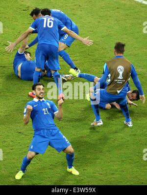 Recife, Brazil. 29th June, 2014. Greece's players celebrate the goal during a Round of 16 match between Costa Rica and Greece of 2014 FIFA World Cup at the Arena Pernambuco Stadium in Recife, Brazil, on June 29, 2014. Credit:  Cao Can/Xinhua/Alamy Live News Stock Photo
