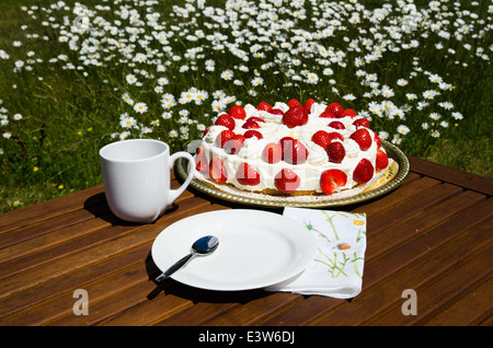 Table in garden made with strawberry cake and coffee cup Stock Photo