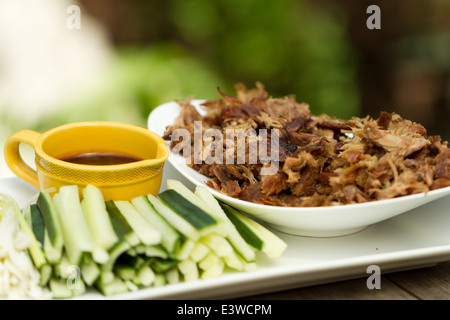 Crispy aromatic duck, shredded on a platter with cucumber and spring onion strips, and hoisin sauce Stock Photo