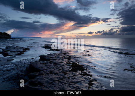 Limestone slab exposed by falling tide on a summer's evening. Beach between Kilve and East Quantoxhead. Stock Photo