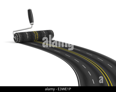 Street Rulo Paint 3d render of painting the road with roller brush. Road construction ...