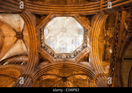Dome and Gothic Vaulted Ceiling of the Barcelona Cathedral (Cathedral of the Holy Cross and Saint Eulalia) in Catalonia, Spain. Stock Photo