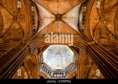 Gothic vaulted ceiling of the Barcelona Cathedral (Cathedral of the Holy Cross and Saint Eulalia) in Catalonia, Spain. Stock Photo