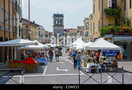 Market stalls in Piazza Beata Beatrice Este a walled medieval town in the Veneto region of northern Italy Stock Photo