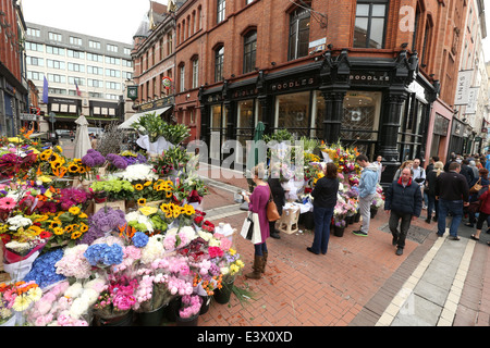 A view of flower stalls on Grafton Street in Dublin city Stock Photo