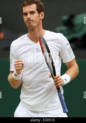 London, London, UK. 30th June, 2014. Britain's Andy Murray celebrates during the men's singles fourth round match against South Africa's Kevin Anderson at the 2014 Wimbledon Championships in Wimbledon, southwest London, June 30, 2014. Murray won the match 3-0. Credit:  Meng Yongmin/Xinhua/Alamy Live News Stock Photo