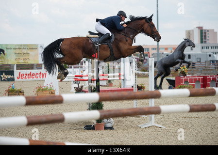 Henrich Mock SVK on horse Jopas jumps over hurdle on Rozalka Cup 2014 on July 29, 2014 in Pezinok, Slovakia Stock Photo