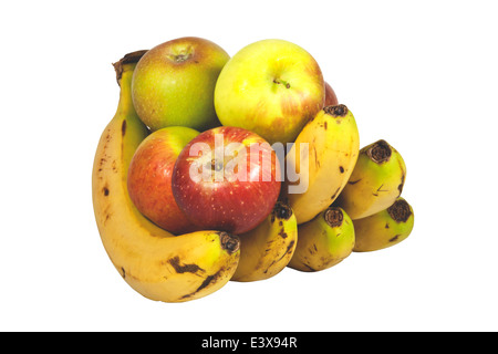 hand of bananas holding five juicy ripe apples Stock Photo