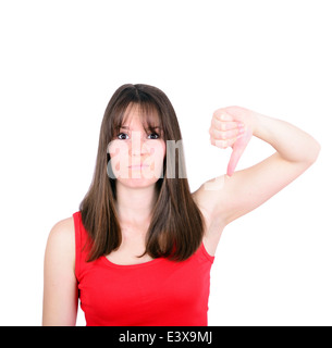 Young woman thumbing down isolated on white background Stock Photo