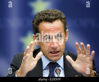 Brussels, Belgium. 09th July, 2007. French President Nicolas Sarkozy pictured during a press conference at the EU headquarters in Brussels, Belgium, 09 July 2007. Photo: Thierry Monasse/dpa/Alamy Live News Stock Photo