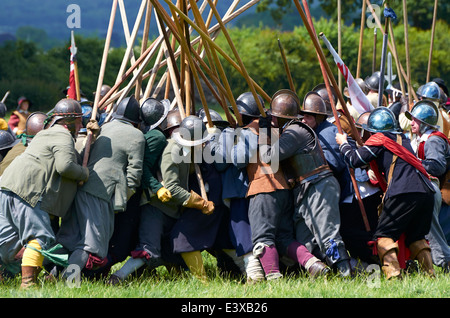 Members of The Sealed Knot English Civil War re-enactors demonstrate pike men fighting with weapons of the period Stock Photo