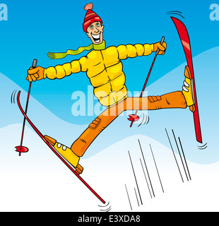 Cartoon Illustrations of Funny Man Jumping on Ski Stock Photo