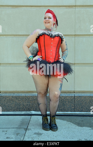 Portrait of a woman in an unusual outfit on the way to the Gay Pride Parade in New York City Stock Photo