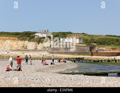 The estuary of the River Cuckmere and the coastguard cottages at Cuckmere Haven Stock Photo