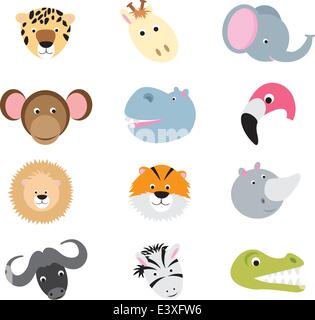 collection of cute wild animal faces as cartoons on a white background Stock Vector