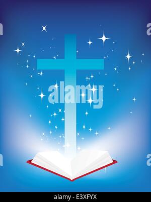 vector illustration of a christian cross and light coming from the bible Stock Vector