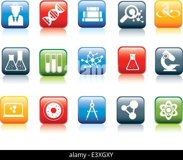 Illustration set of colour icons with reflection and icon in white Stock Vector