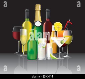 wine, cocktails and short drinks on black, vector illustration Stock Vector