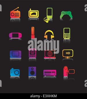 set of coloured entertainment icons and symbols on black with reflection Stock Vector