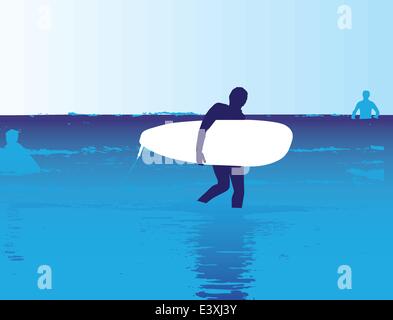 surfer with board walking in the ocean as illustration Stock Vector