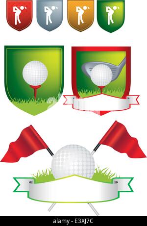 Illustration of golf icons, shields and emblems on a white background uses gradient mesh Stock Vector