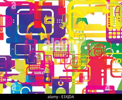 vector illustration of a selection of computer and technology hardware layered and multiplied to create an abstract background i Stock Vector