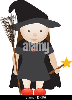 girl dressed up as a halloween witch with bats flying vector ...