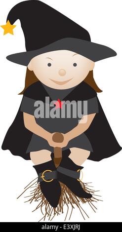 cartoon character illustration of a smiling child flying on a broom Stock Vector