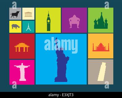 world famous landmarks as icon or button designs in colour on colour flat backgrounds Stock Vector