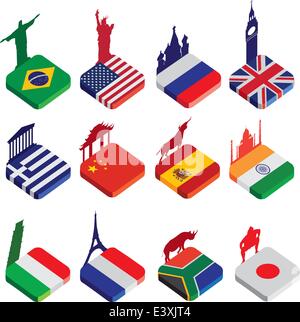 world famous landmarks as a square icon or button flag designs in colour isolated on a white background with silhouettes of famo Stock Vector