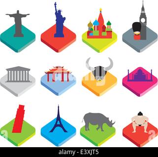 world famous landmarks as icon or button designs in colour on white background Stock Vector