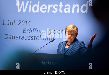 Berlin, Germany. 1st July, 2014. German Chancellor Angela Merkel delivers a speech at the official inauguration of the newly designed permanent exhibition at the German Resistance Memorial Center in Berlin, Germany, 01 July 2014. The new permamnent exhibition 'Resistance against National Socialism' is housed in a part of the Bendlerblock, the headquarters of a  resistance group of Wehrmacht officers who carried out the 20 July plot against Adolf Hitler in 1944. Credit:  dpa picture alliance/Alamy Live News Stock Photo