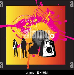music band with singer, guitarist and drums on funky bright grunge background Stock Vector